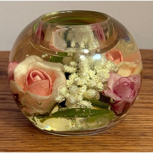 Gilde Dreamlight Glass Tealight Candle Holder Pink Roses Foilage Germany - Picture 2 of 8